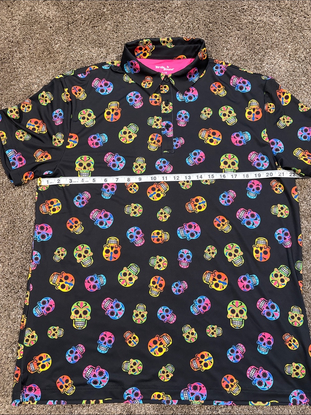 Men’s L Black Golf Polo with Multicolor Sugar Skull Print